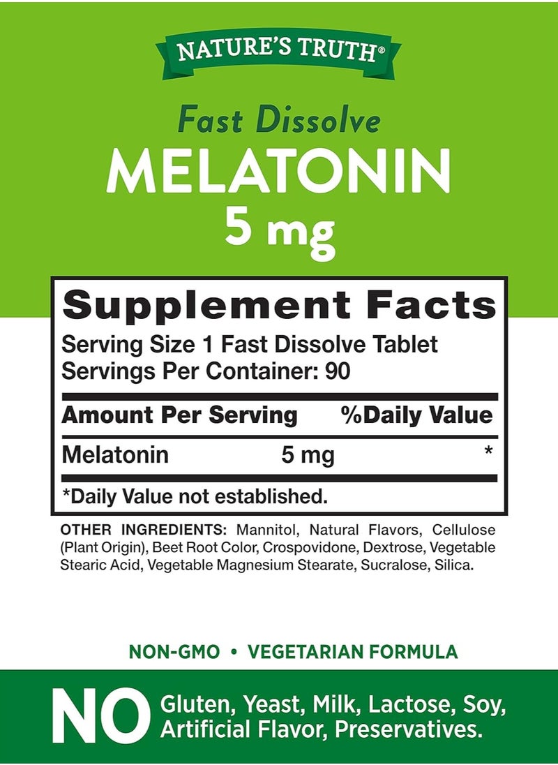 Nature's Truth Melatonin 5 mg | 180 Fast Dissolve Tablets (2 X 90 Twin Pack) | Natural Berry Flavor | Vegetarian, Non-GMO, Gluten Free Supplement