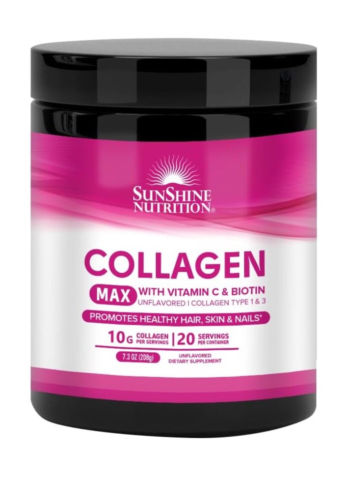 Collagen Max Type 1 And 3 Infused With Vitamin C And Biotin Dietary Supplement Unflavoured  Promotes Healthy Hair, Skin And Nails 10G Collagen 20 Servings 208G