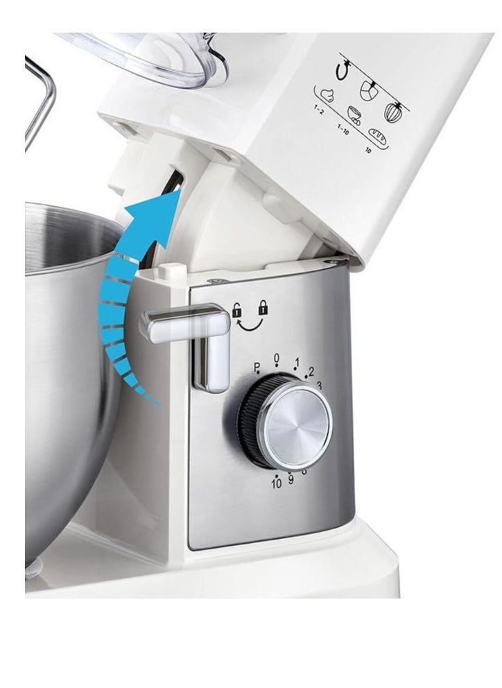 Stand Mixer Kitchen Machine, 1000W, 6L Stainless Steel Bowl, 10 Speeds + Pulse, Planetary Action, with Dough Hook, Beater, Whisk Attachments, Tilt-Head Design - White, MKM100-B