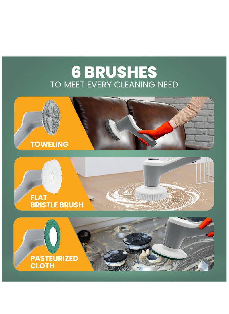 Electric Spin Scrubber Cleaning Brush with 6 Replaceable Brush Heads, Rechargeable Cordless Power Scrubber Cordless Spin Scrubber with 2 Adjustable Speeds for Kitchen, Kitchen, Bathroom, Bathtub