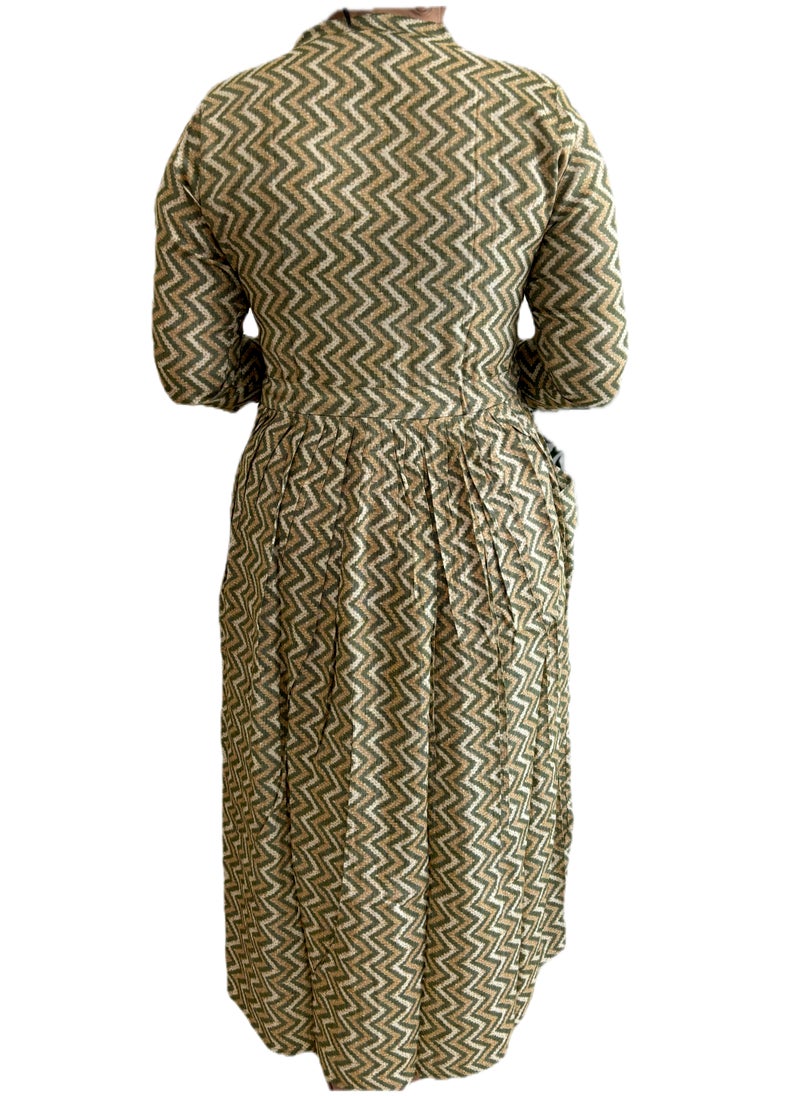 Zebees Zig-Zag Patterned Maternity & Feeding Dress, Olive Green and Beige, Size L, Comfortable & Stylish