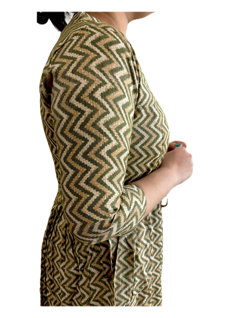 Zebees Zig-Zag Patterned Maternity & Feeding Dress, Olive Green and Beige, Size L, Comfortable & Stylish