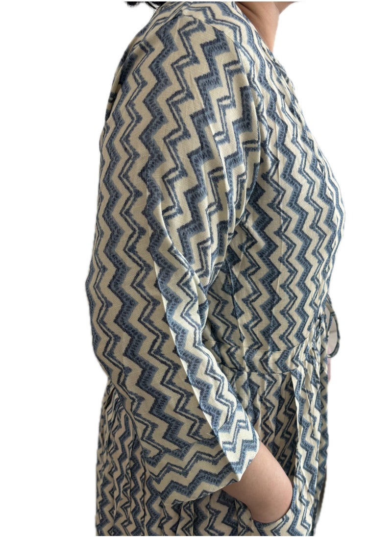 Zebees Zig-Zag Patterned Maternity & Feeding Dress, Blue and Beige, Size XXL, Comfortable & Stylish