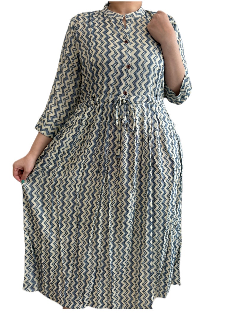 Zebees Zig-Zag Patterned Maternity & Feeding Dress, Blue and Beige, Size XXL, Comfortable & Stylish