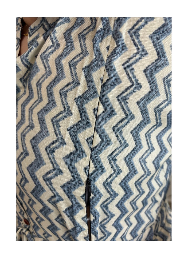 Zebees Zig-Zag Patterned Maternity & Feeding Dress, Blue and Beige, Size XXL, Comfortable & Stylish