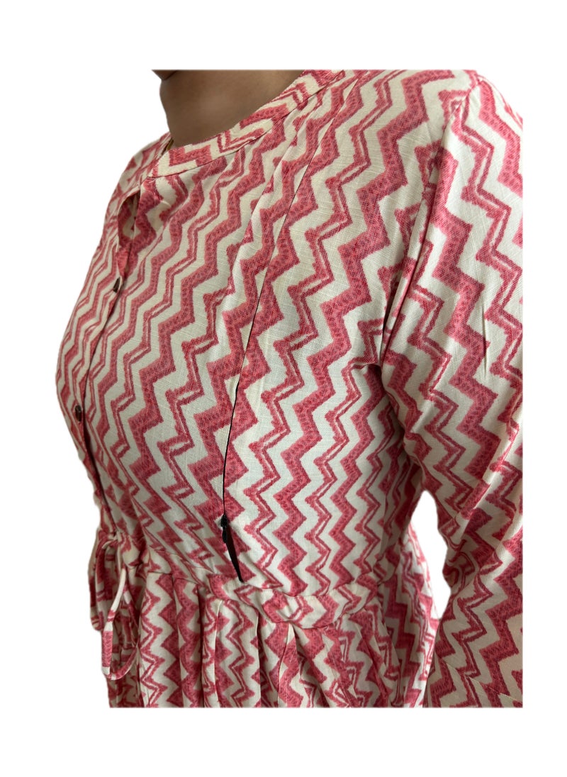 Zebees Zig-Zag Patterned Maternity & Feeding Dress, Peach and Beige Colour, Size XL, Comfortable & Stylish