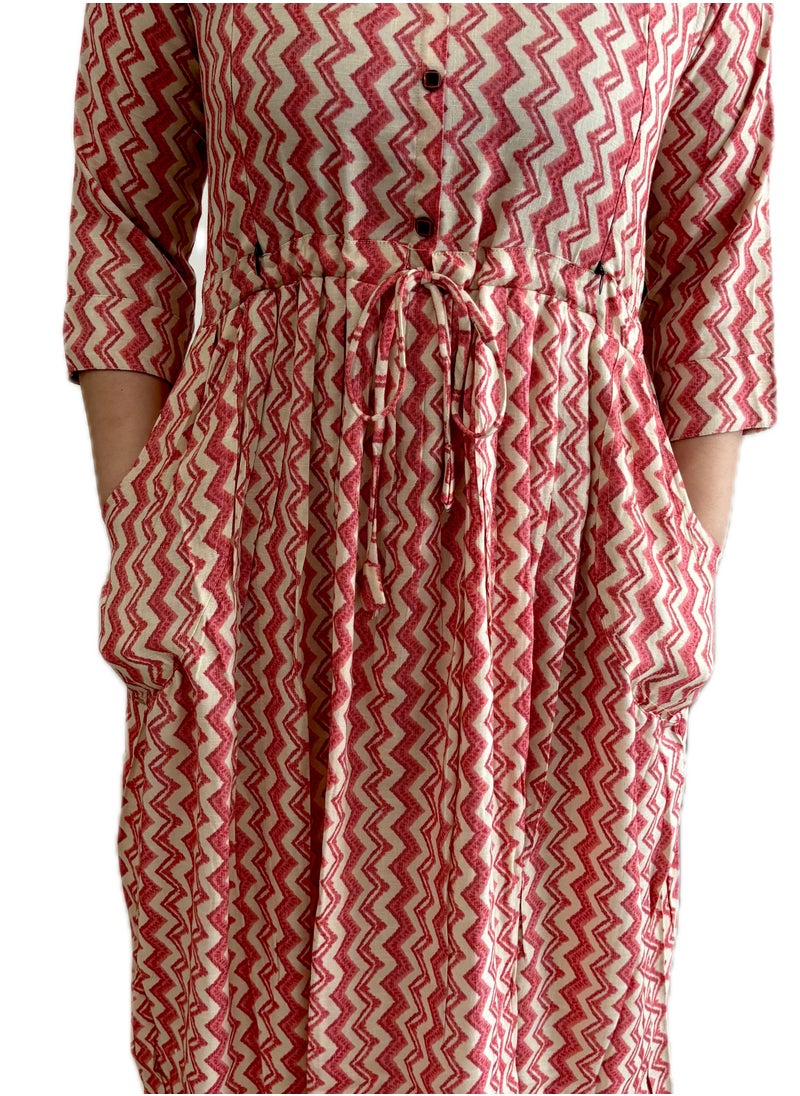 Zebees Zig-Zag Patterned Maternity & Feeding Dress, Peach and Beige Colour, Size XL, Comfortable & Stylish