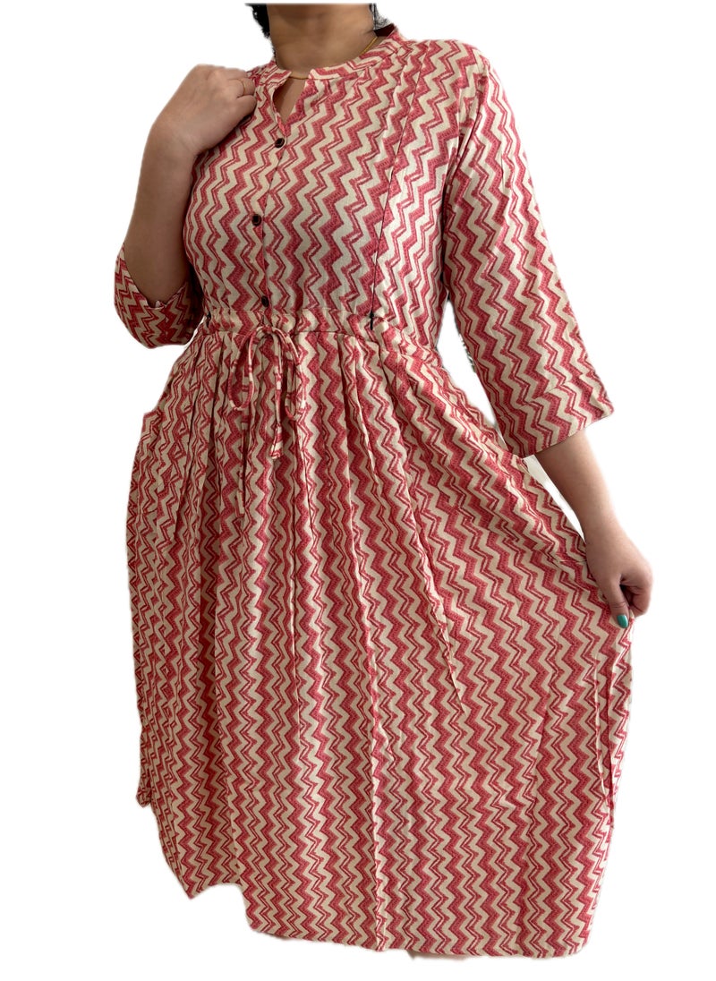 Zebees Zig-Zag Patterned Maternity & Feeding Dress, Peach and Beige Colour, Size XL, Comfortable & Stylish