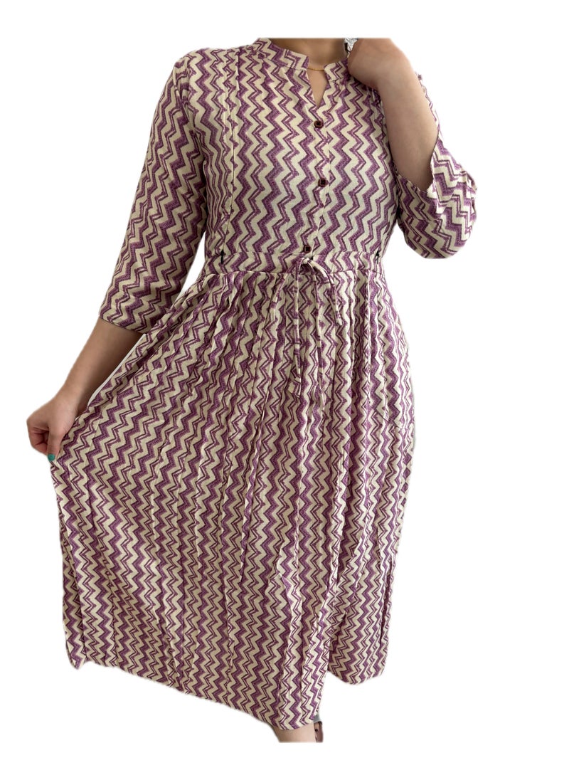 Zebees Zig Zag Patterne Maternity & Feeding Dress, Lavender and Beige, Size XL, Comfortable & Stylish