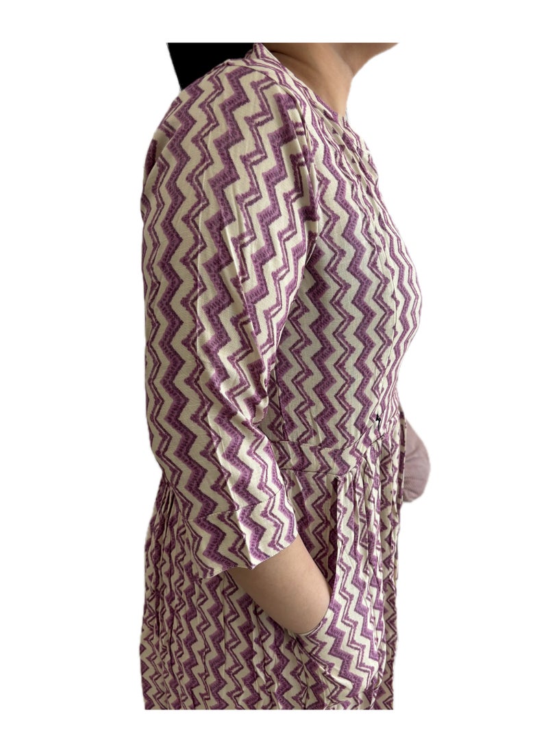 Zebees Zig Zag Patterne Maternity & Feeding Dress, Lavender and Beige, Size XL, Comfortable & Stylish