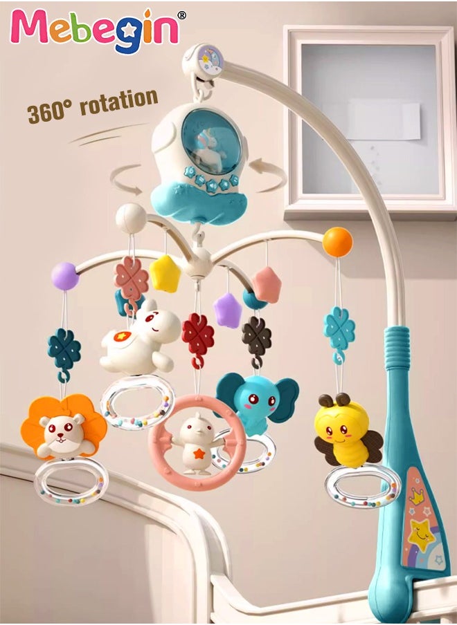 Multi-Function Electric Musical Baby Crib Mobile with Lights and Teether Rattle, 360° Hanging Rotating Animals Rattles Teether Toys with Lullaby