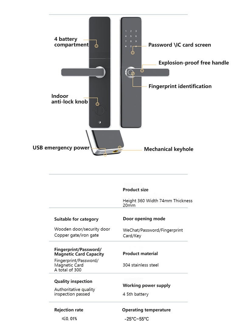 Smart Fingerprint Electronic Door Lock, Fingerprint/Card/Key/Password/Bluetooth, Suitable for Home, Apartment, Office, Hotel