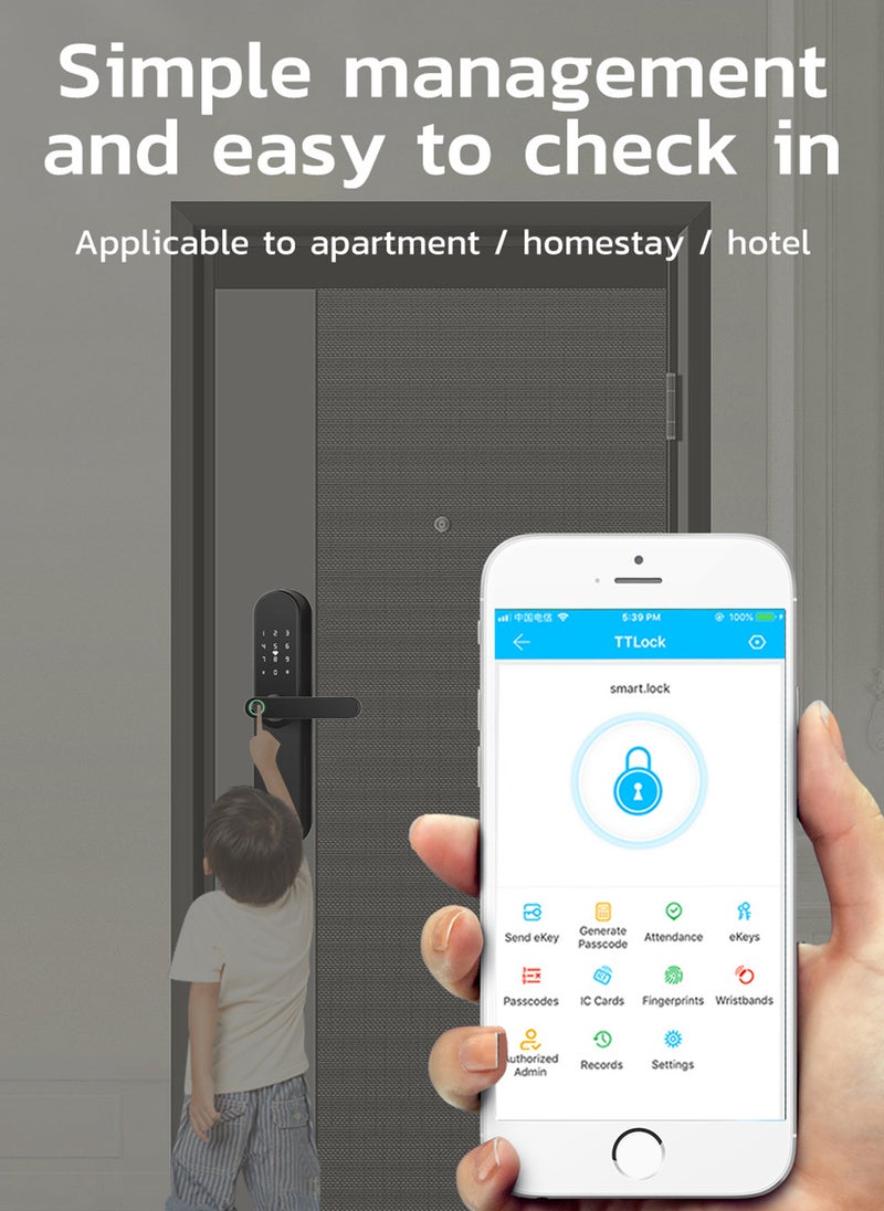 Smart Fingerprint Electronic Door Lock, Fingerprint/Card/Key/Password/Bluetooth, Suitable for Home, Apartment, Office, Hotel