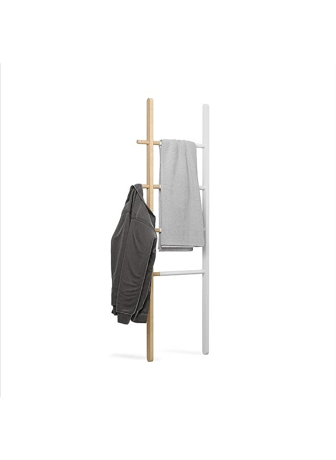 Hub Ladder Rack - Adjustable Width Freestanding Rack to hang Towels, Clothing and more in Bathroom, Bedroom or Entryway, White/Nature