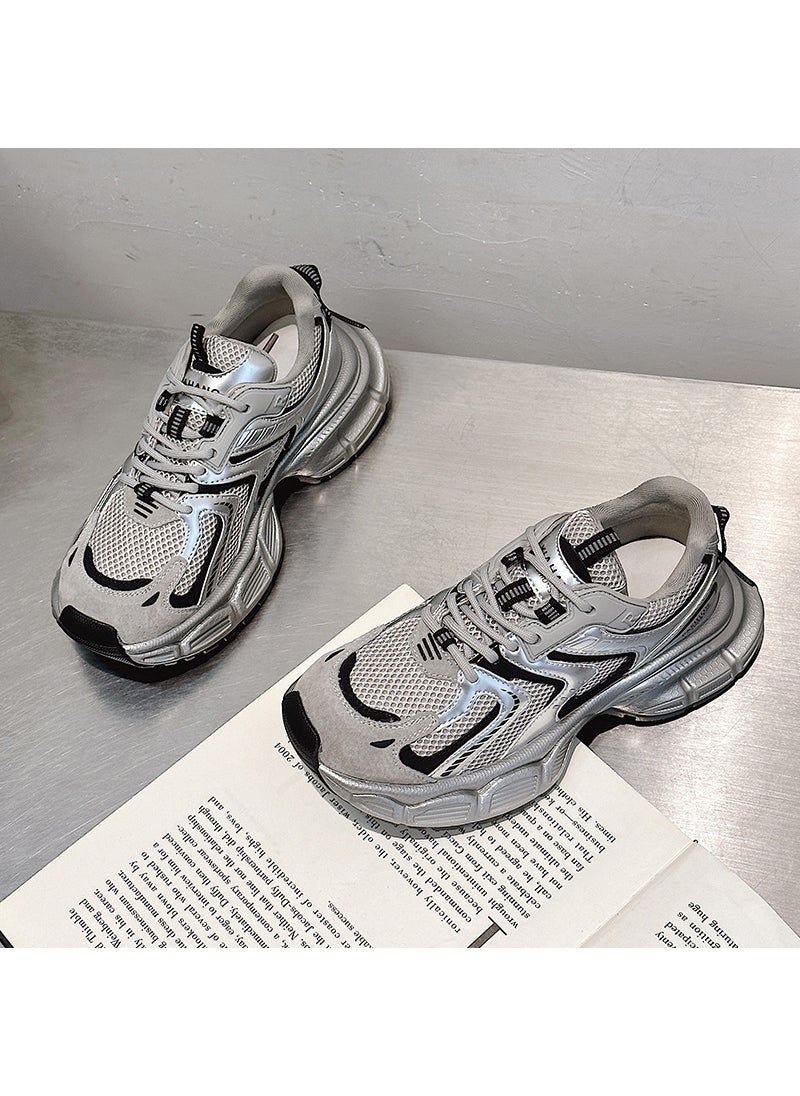 Chunky Dad Sneakers 2024 Silver Fashion Women Casual Shoes Gray and Black