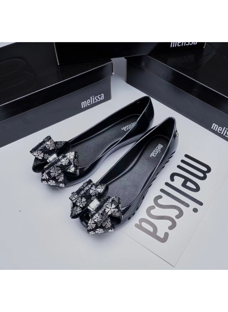 2024 Melissa Jelly Flats Butterfly Knot Fish Mouth Sandals Black