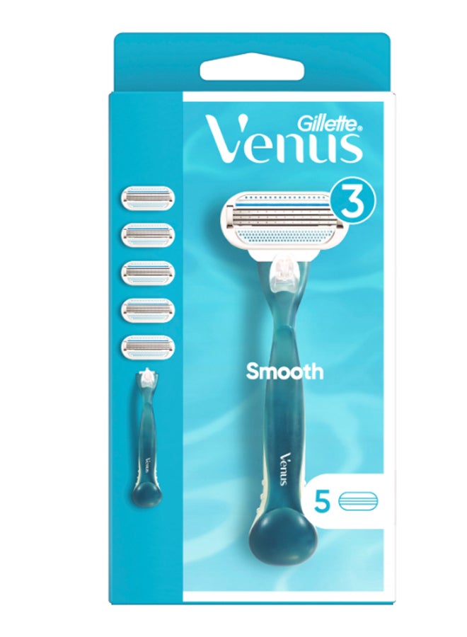 Smooth Razor Handle With 5 Blade Refills Blue