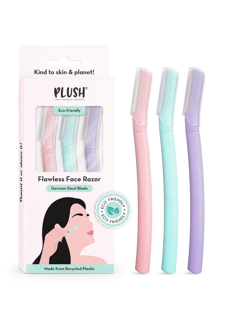 Plush Flawless Reusable Face Razor for Women (Pack of 3) | Mini Face & Eyebrow Razor with Single German Steel Blade | Painless Hair Removal for Upper Lips, Forehead, Sideburns | Prevents Razor Burns