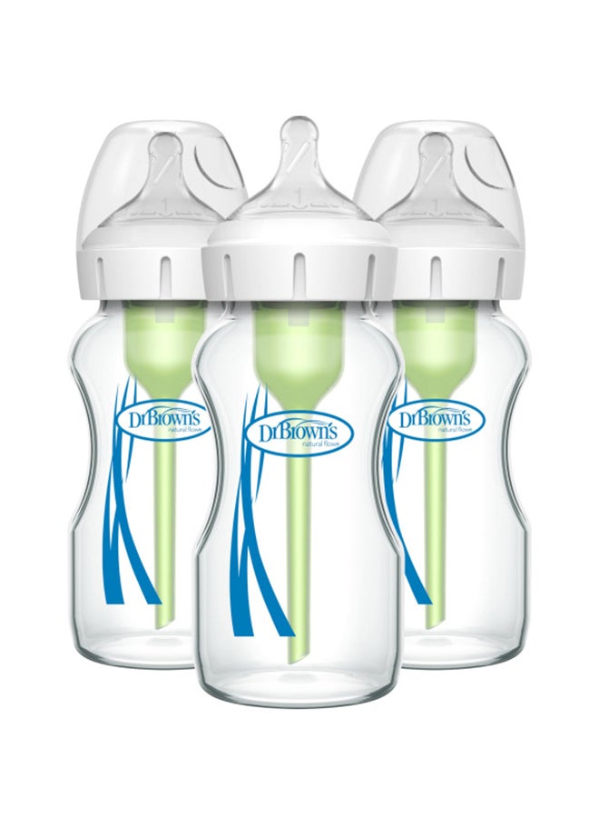 Natural Flowanti-Colic Options + Wide-Neck Glass Baby Bottles, 270 Ml  With Level 1 Slow Flow Nipple, 3 Pack, 0 Months +