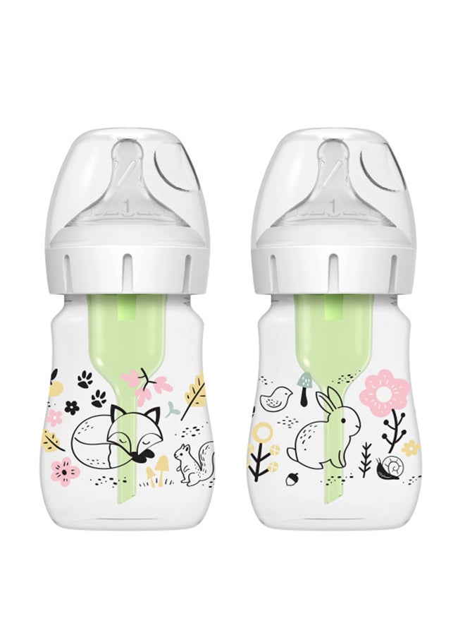 Natural Flowanti-Colic Options + Wide-Neck Baby Bottle Designer Edition Bottles, Woodland Decos, 150 Ml, Level 1 Nipple, 2-Pack, 0 Months +