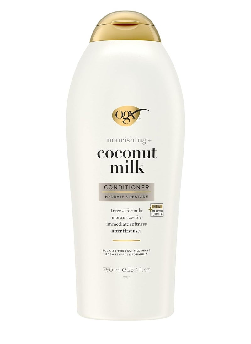 OGX Nourishing + Coconut Milk Conditioner, Hydrating & Restoring Conditioner Moisturizes for Soft Hair After the First Use, Paraben-Free, Sulfate-Free Surfactants, 25.4 fl. Oz