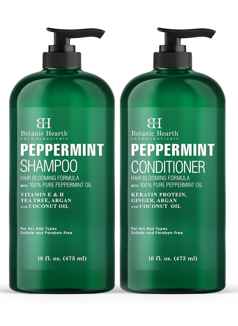 BOTANIC HEARTH Peppermint Oil Shampoo and Conditioner Set - Hair Blooming Formula with Keratin - Fights Hair Loss & Thinning, Promotes Hair Growth-Sulfate Free for Men and Women - 16 fl oz x 2