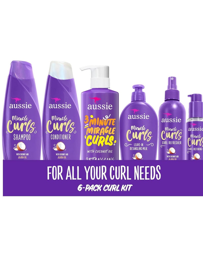 Aussie Miracle Curls Set: Shampoo, Conditioner, Deep Hydration, Spray Gel, Detangling Milk, and Oil Hair Treatment, Curl Oil, Coconut & Jojoba, Frizz Control, 6 Pieces