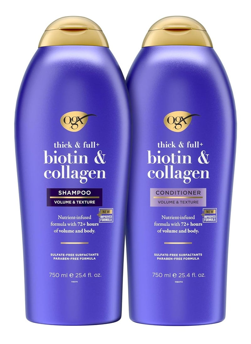 OGX Thick & Full + Biotin & Collagen Extra Strength Volumizing Shampoo + Conditioner with Vitamin B7 & Hydrolyzed Wheat Protein for Fine Hair, 25.4 oz Pack of 2