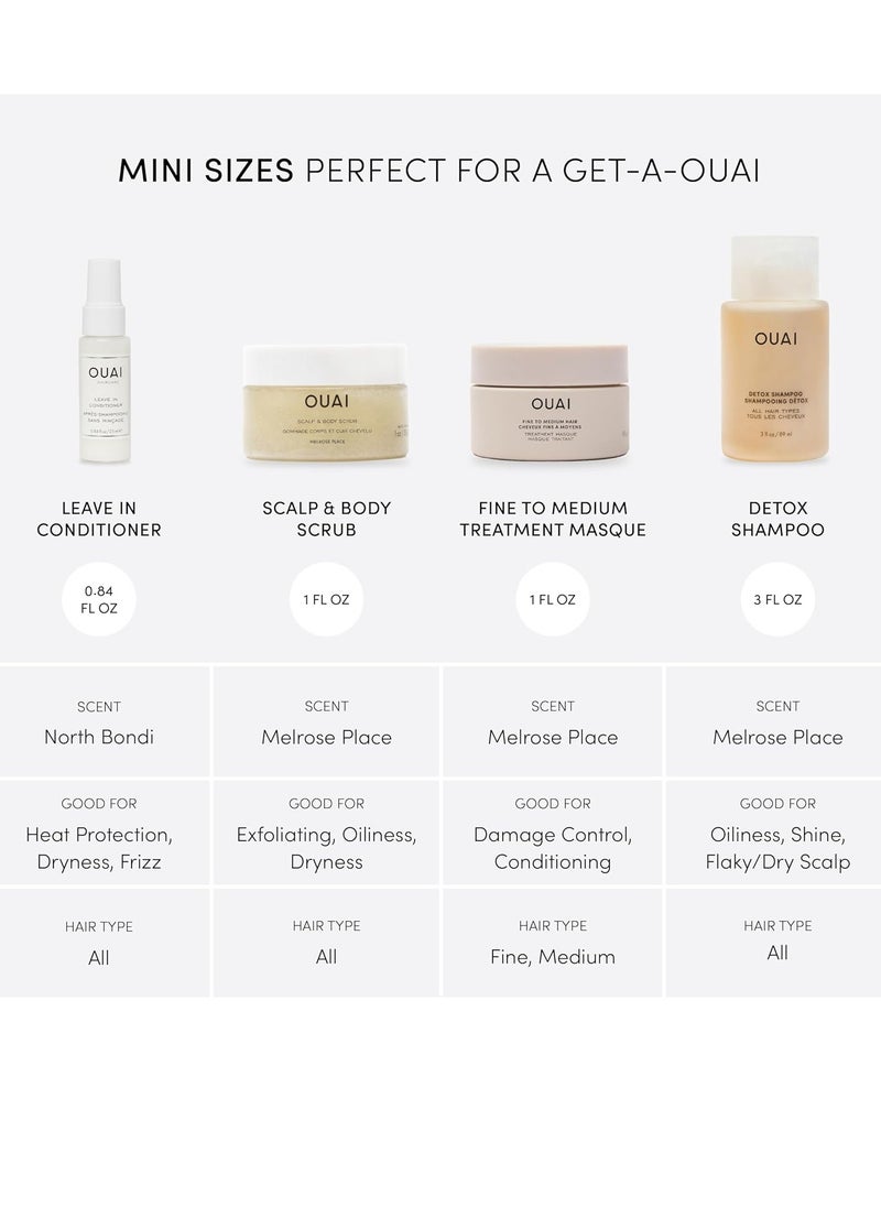 OUAI Travel Kit - Includes Travel Size Leave In Conditioner, Detox Shampoo, Fine to Medium Hair Mask, Scalp & Body Scrub - Travel Size Stocking Stuffers for Women (4 Count)