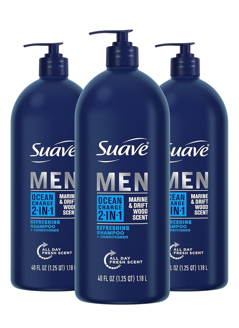 Suave Men Shampoo and Conditioner 2 in 1 Ocean Charge Refreshing, Cleanse and Conditions Hair, 40 oz Pack of 3