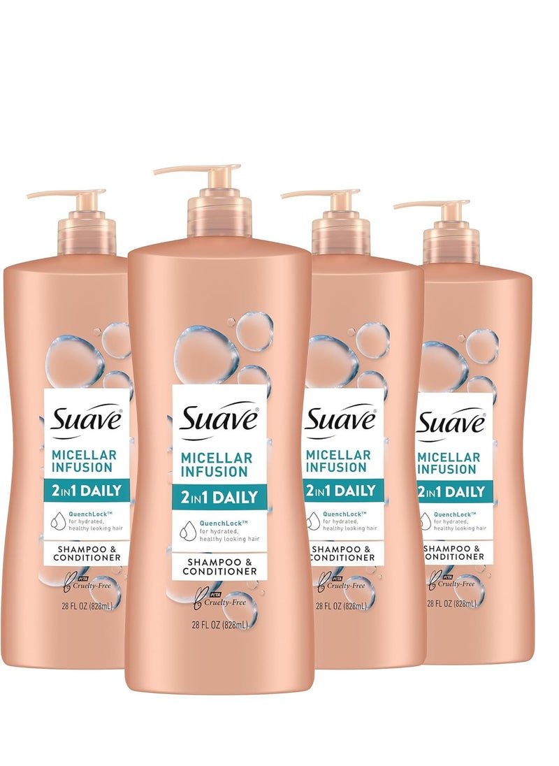 Suave 2 in 1 Shampoo and Conditioner with Micellar Infusion, cleansing and conditoning For All Hair Types, 28 oz Pack of 4