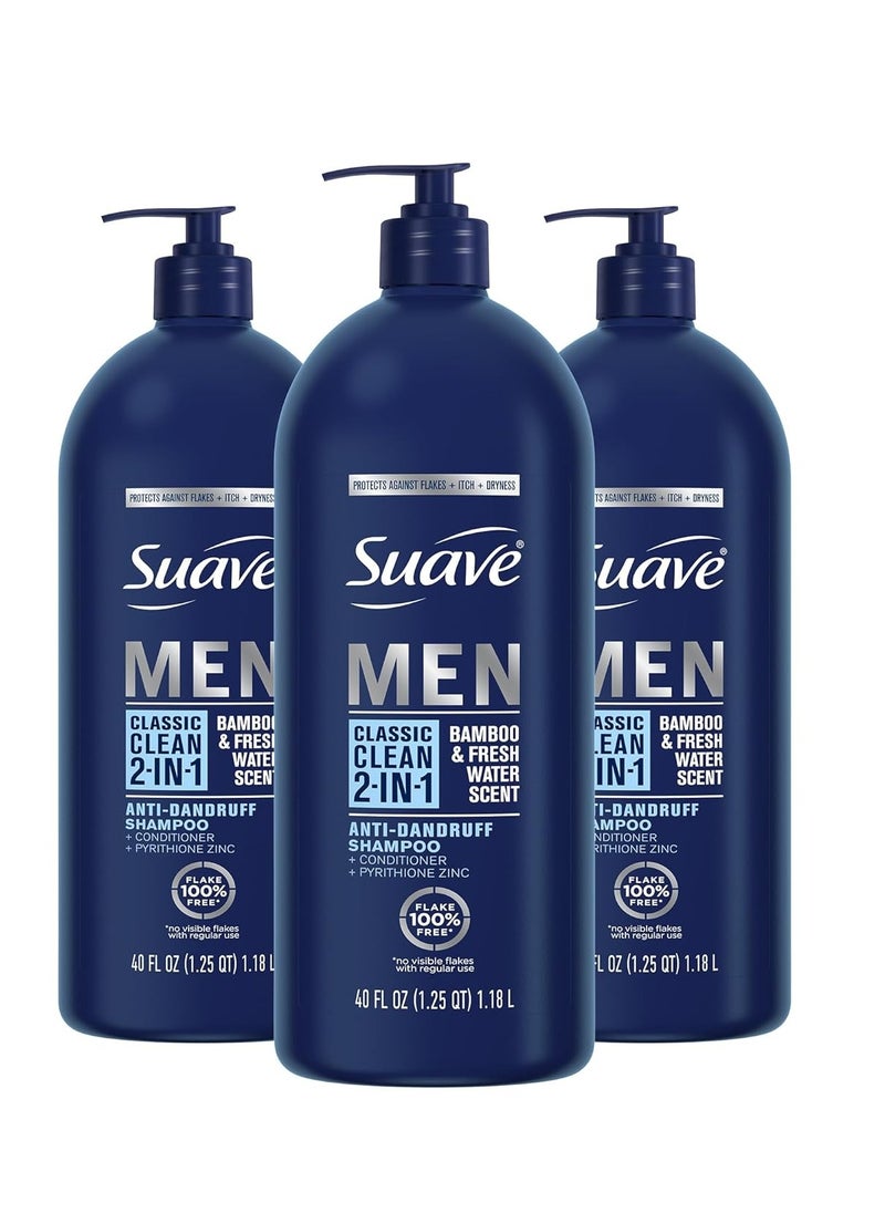 Suave Men 2 in 1 Anti Dandruff Shampoo and Conditioner, Classic Clean with Bamboo scent, 40 oz Pack of 3