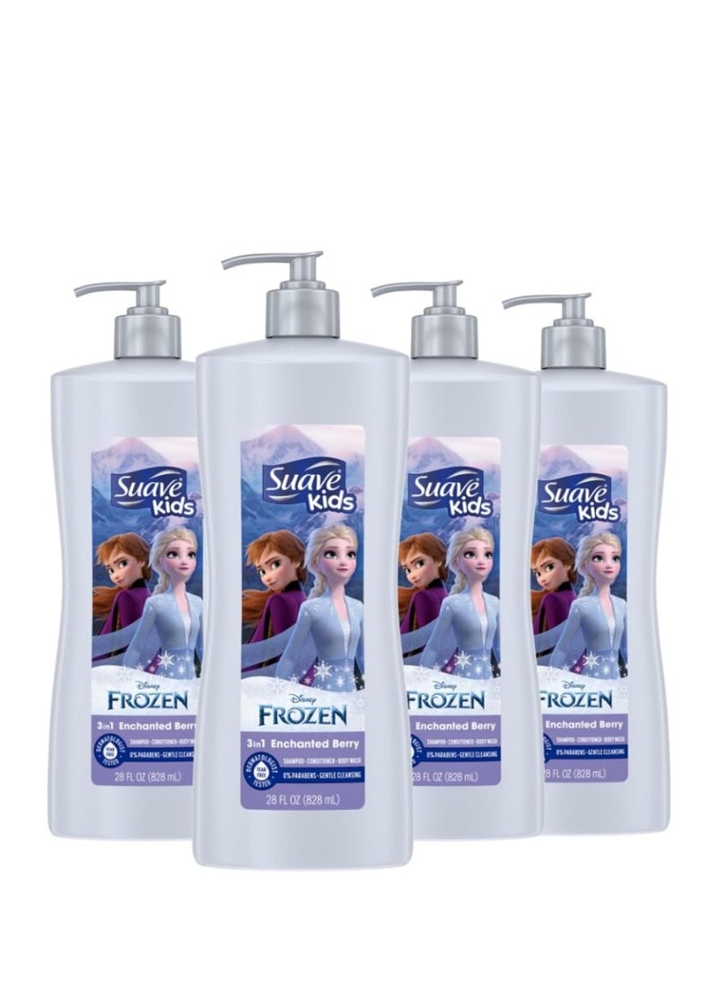 Suave Kids 3 in 1 Enchanted Berry Shampoo, Conditioner, & Body Wash,Dermatologist Tested and Tear-free 28 Oz, (Pack of 4) Packaging may vary