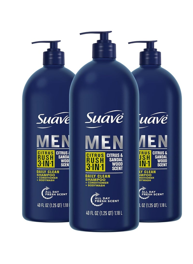 Suave Shampoo Conditioner Bodywash Men 3 in 1 Citrus & Sandal Wood to Cleanse and Nourish Hair and Skin, 40 oz Pack of 3