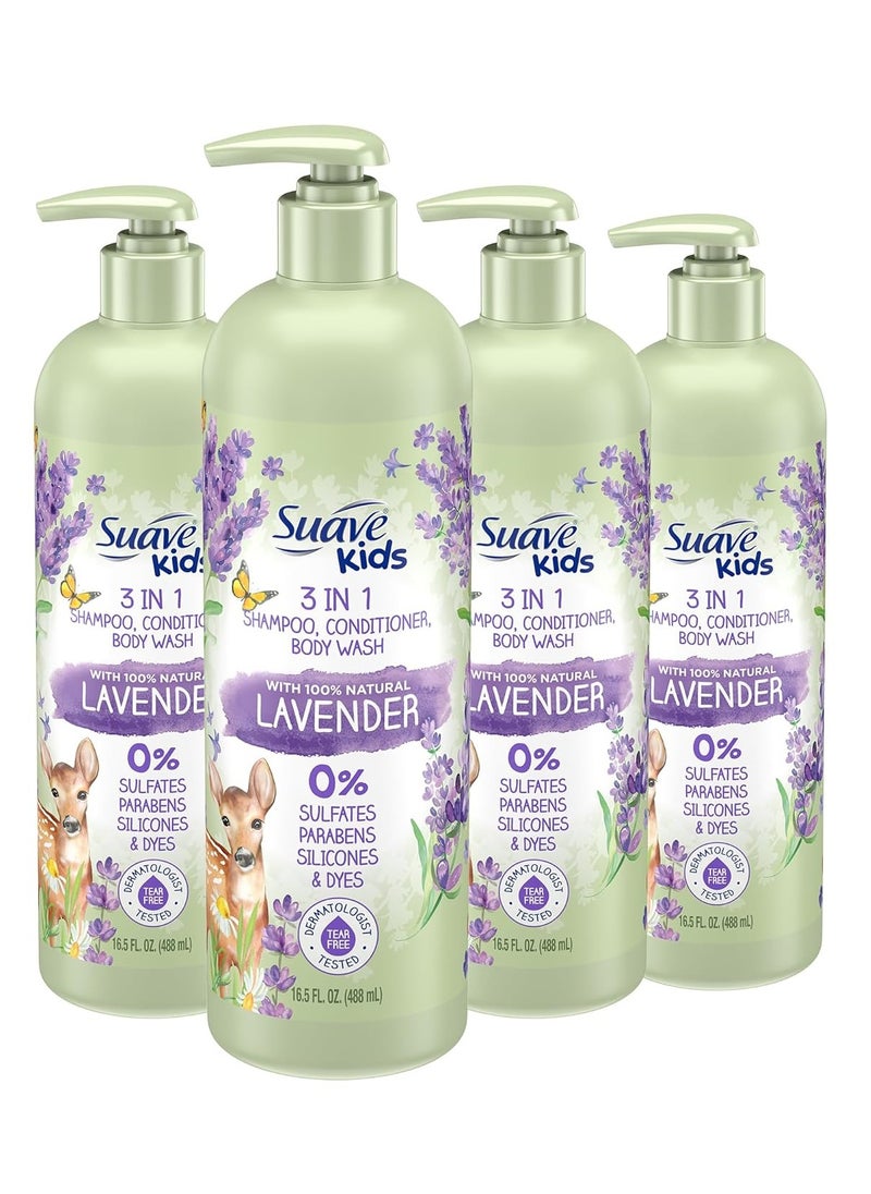 Suave Kids Natural Lavender Oil 3-in-1 Tear Free, Body Wash, Shampoo and Conditioners, No Sulfates, No Parabens, No Silicones, No Dyes, 16.5 Oz Pack of 4