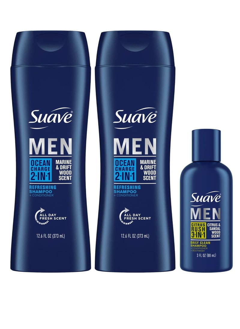 Suave Body Wash, Shampoo & Conditioner 3-in-1, Citrus Rush for Men, Travel Size + Shampoo and Conditioner 2-in-1, Ocean Charge for Men, Full Size, Twin Pack (3 Piece Set)