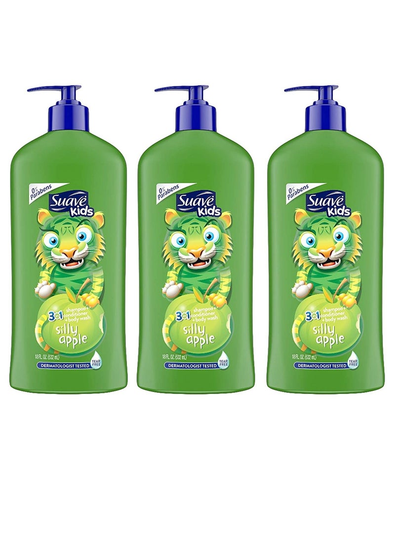 Suave Kids 3 In 1 Shampoo-Cond -Bodywash Silly Apple 18 Ounce (Pack of 3)