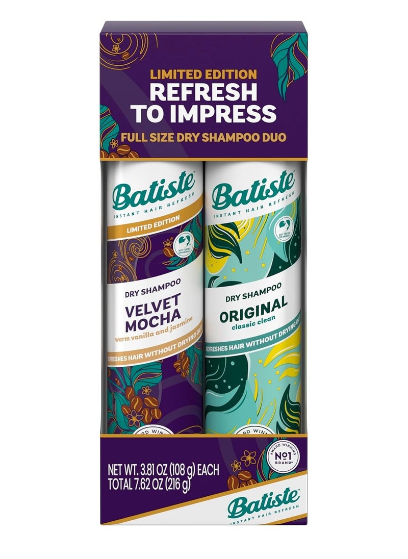 Batiste Dry Shampoo Limited Edition Holiday Gift Set Duo, Velvet Mocha & Original Scent, Refreshes Hair, Removes Oil & Grease, 7.62 Oz, 2 Pack