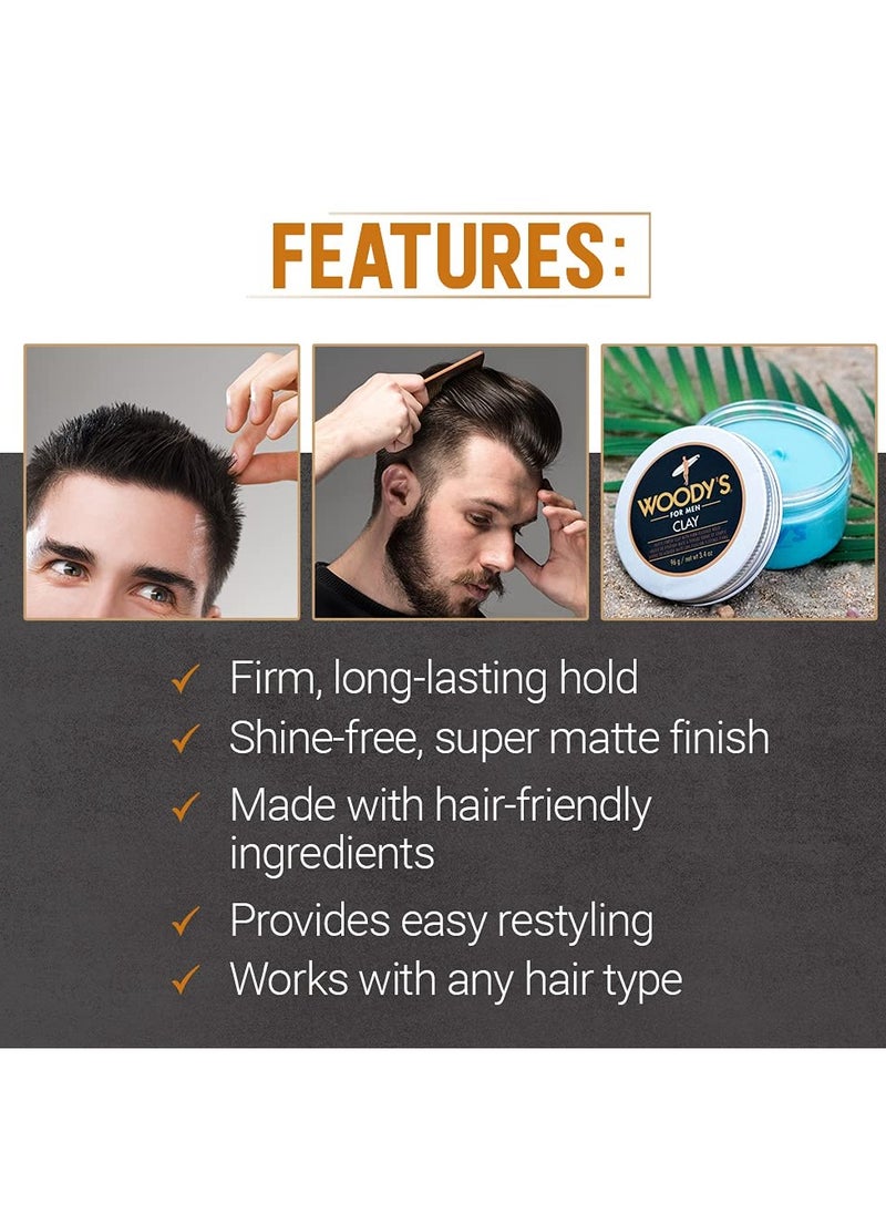 Woody's Premium Matte Finish Clay for Men, Firm & Flexible Hold, Sculpt, Define & Texturize, 3.4 Oz