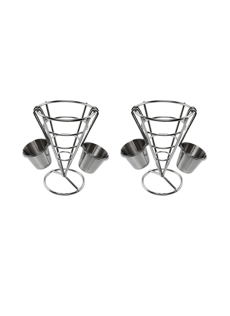 French Fry Serving Stands, with Double Sauce Holders Stainless Steel Fry Cone Basket Fish Chips Holder Restaurant Cafe Table Food Serving Display Wire Stands for Kitchen Restaurant Buffet (2 Pieces)