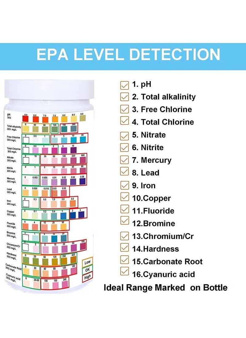 Multifunctional Water Testing Strips for Drinking Water- Hofun EPA Level Home Use, Water Test strips with Lead, Mercury, Iron, Copper, PH, Hardness, Chlorine for Water Quality Test