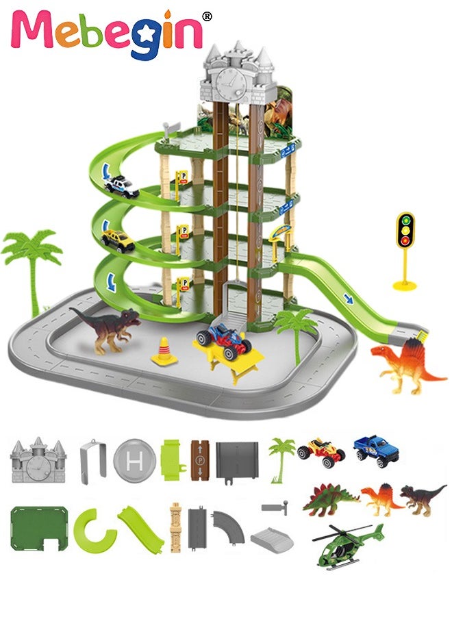 Construction Race Tracks Car Set for Kids include 2 Cars 3 Dinosaurs Flexible 4 Tier Rail Track Toy Playset with Traffic Sign Engineering Road DIY Tracks Toy Gifts