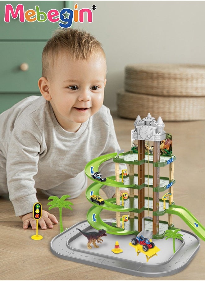 Construction Race Tracks Car Set for Kids include 2 Cars 3 Dinosaurs Flexible 4 Tier Rail Track Toy Playset with Traffic Sign Engineering Road DIY Tracks Toy Gifts