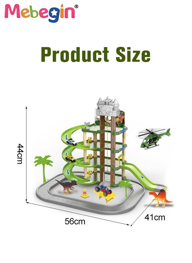 Construction Race Tracks Car Set for Kids include 2 Cars 3 Dinosaurs Flexible 4 Tier Rail Track Toy Playset with Traffic Sign Engineering Road DIY Tracks Toy Gifts