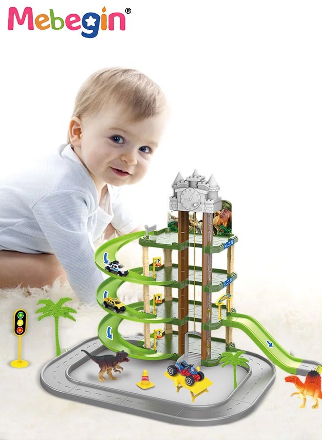 Construction Race Tracks Car Set for Kids include 2 Cars 3 Dinosaurs Flexible 4 Tier Rail Track Toy Playset with Traffic Sign Engineering Road DIY Tracks Toy Gifts