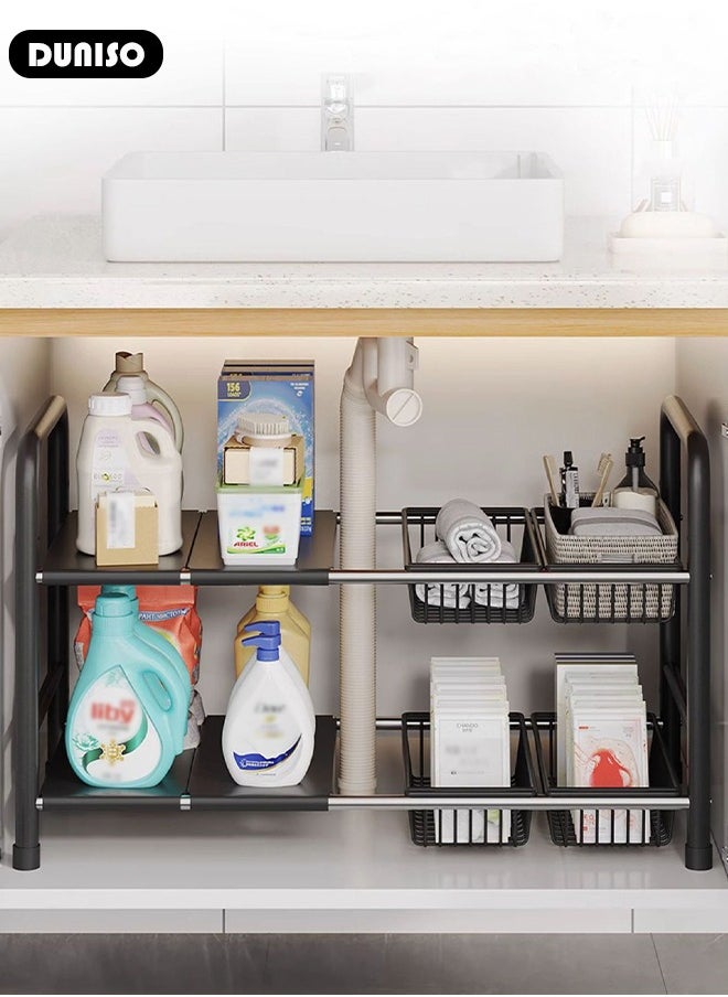 2-Tier Under Sink Storage Rack, Large Capacity Storage Organize Rack, Expandable Kitchen Sink Organiser, Under Sink Organizer with Removable Panels, Multi-Use Cabinet Pantry Shelf for Under Kitchen Bathroom