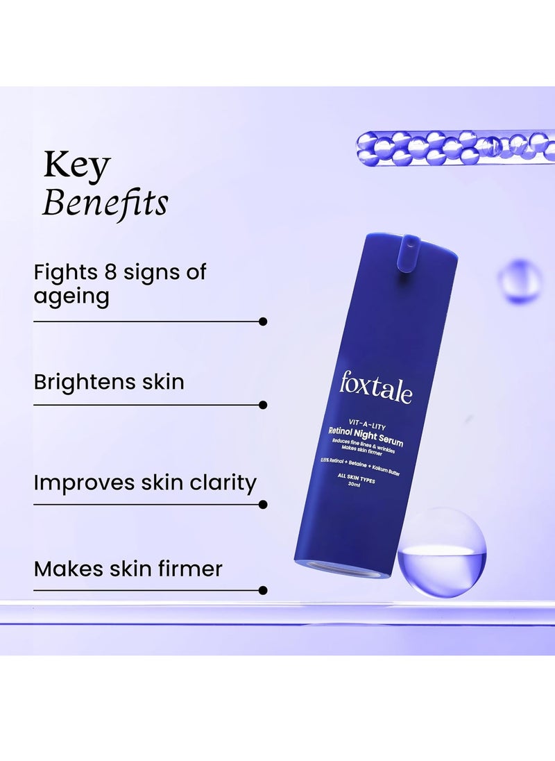 Foxtale 0.15% Beginner Friendly Retinol Night Serum | Anti-Aging Night Cream | Reduces Fine Lines and Wrinkles | No Purging | For Younger-looking Skin | Men & Women | All Skin Types - 30 ml