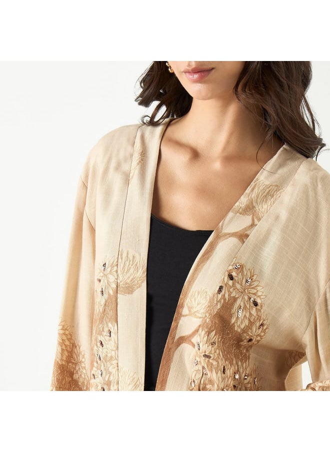 Iconic Floral Print Longline Linen Blend Kimono Shrug
