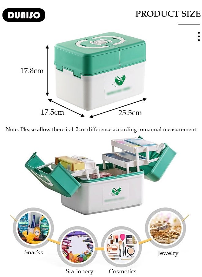 Family Medicine Storage Box Container, Double 3-Tier Folding First Aid Box Organizer with Locking Lid Handle, Multipurpose Durable Craft Tool Case Plastic Professional Emergency Bin for Home Travel Car Camping Office