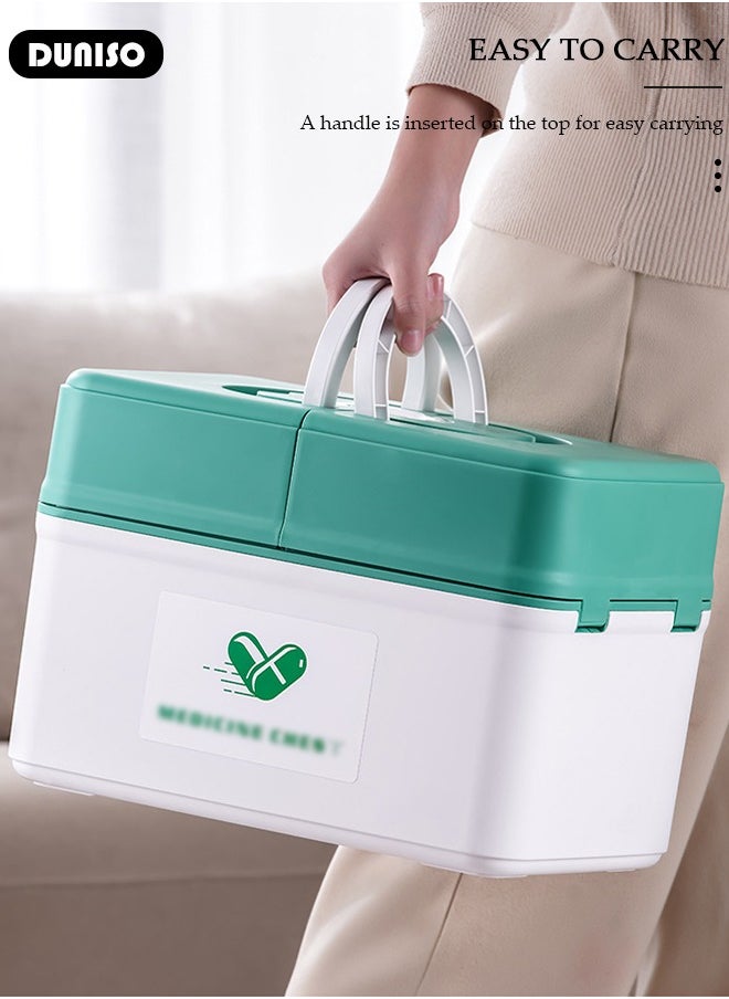 Family Medicine Storage Box Container, Double 3-Tier Folding First Aid Box Organizer with Locking Lid Handle, Multipurpose Durable Craft Tool Case Plastic Professional Emergency Bin for Home Travel Car Camping Office